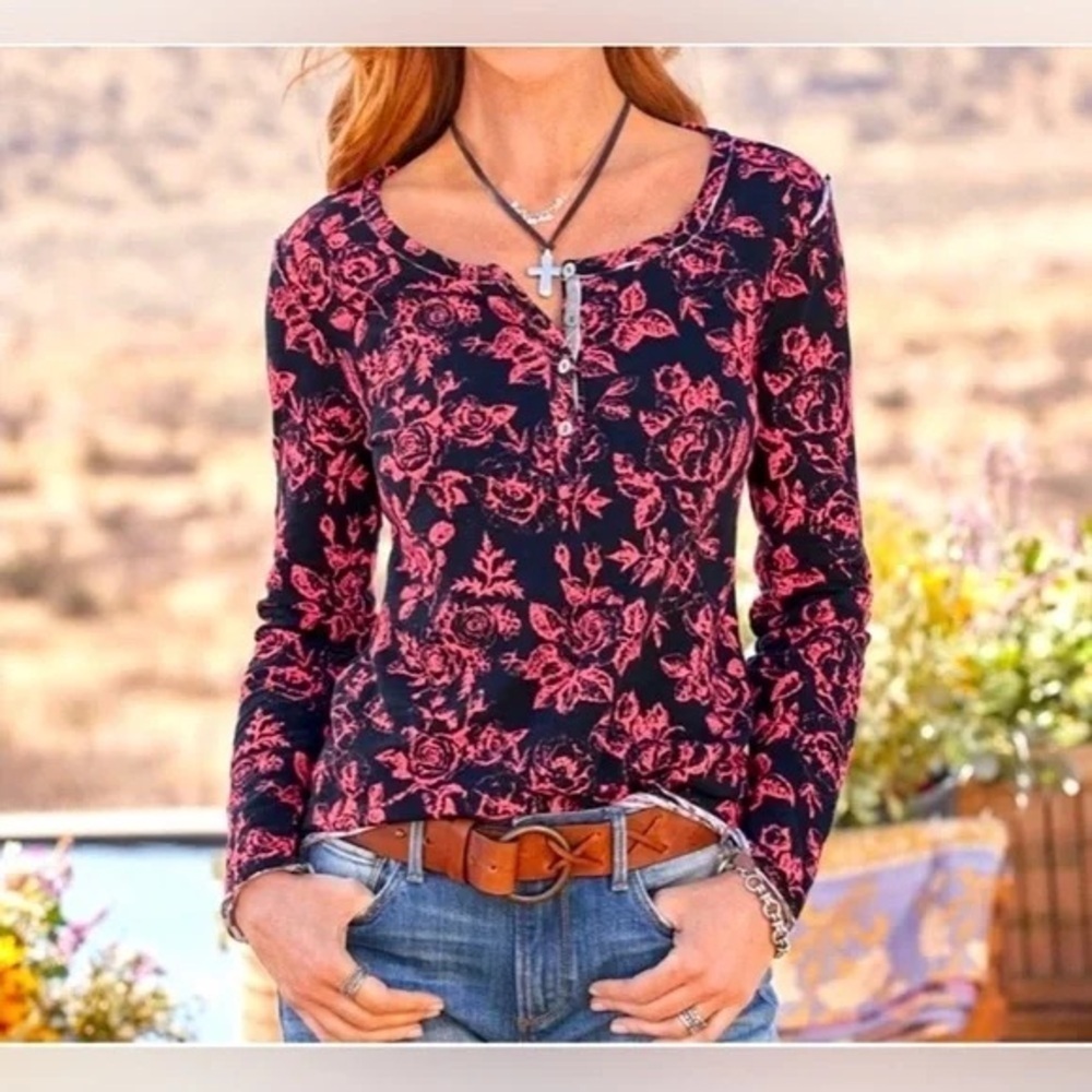 SUNDANCE Rosey Delights Henley Metallic Buttons Floral Top Blue Size Medium - Picture 13 of 15